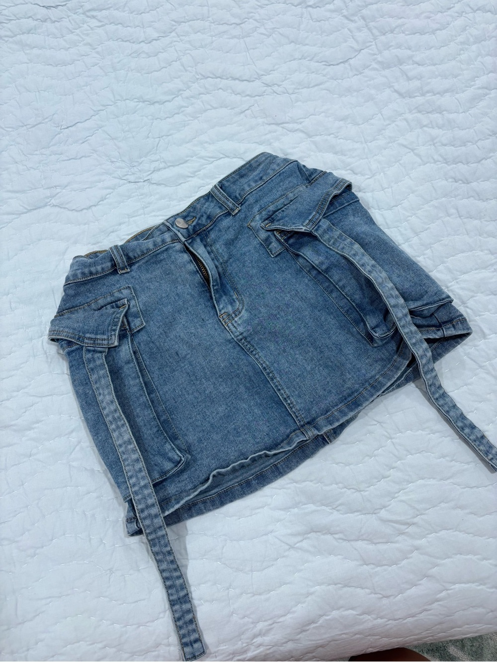Blue Denim Mini Skirt with Utility Pocket Straps
